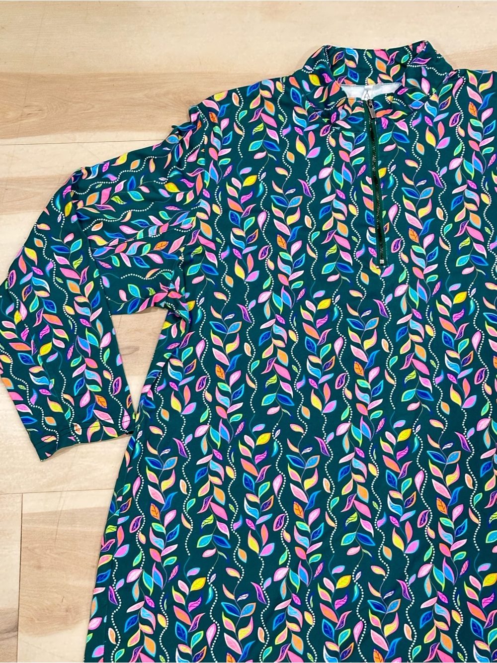 Lulu-B multi-color falling leaf print dress Sz 1X Dark Green 3/4 Sleeve UPF 50+ - Picture 3 of 10